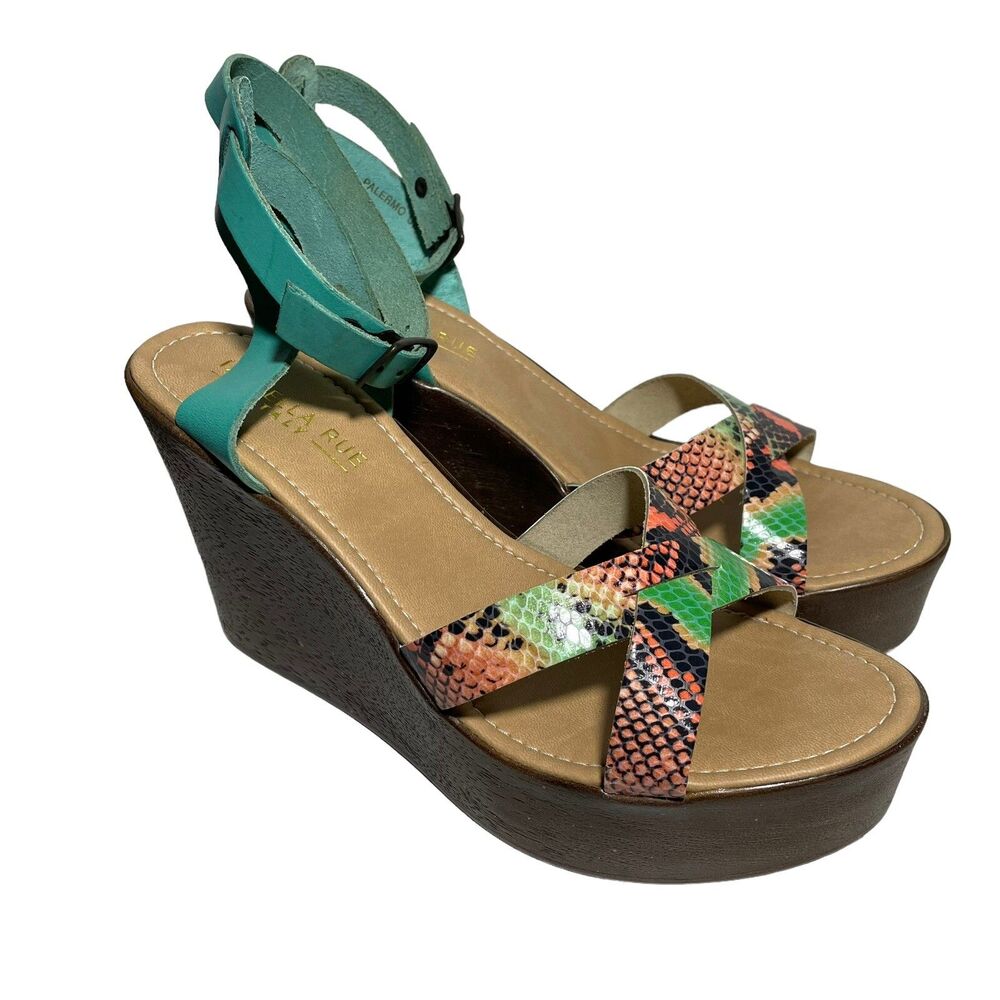 Isabella Rue Palermo Platform Shoe Snakeskin Print Size 10 Aqua Blue Ankle Strap